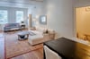Tall ceilings and contemporary decor.