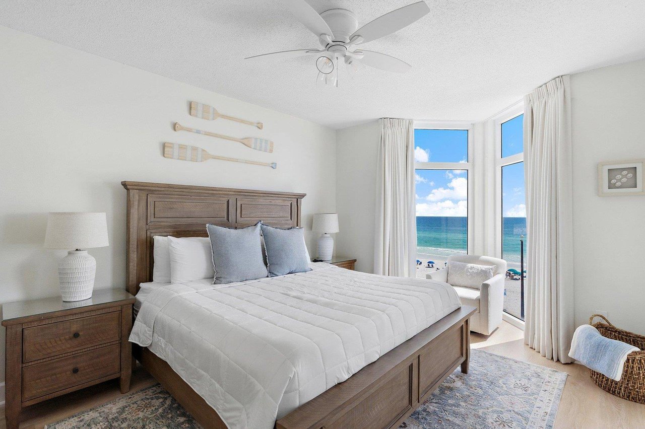 a bedroom with a large bed