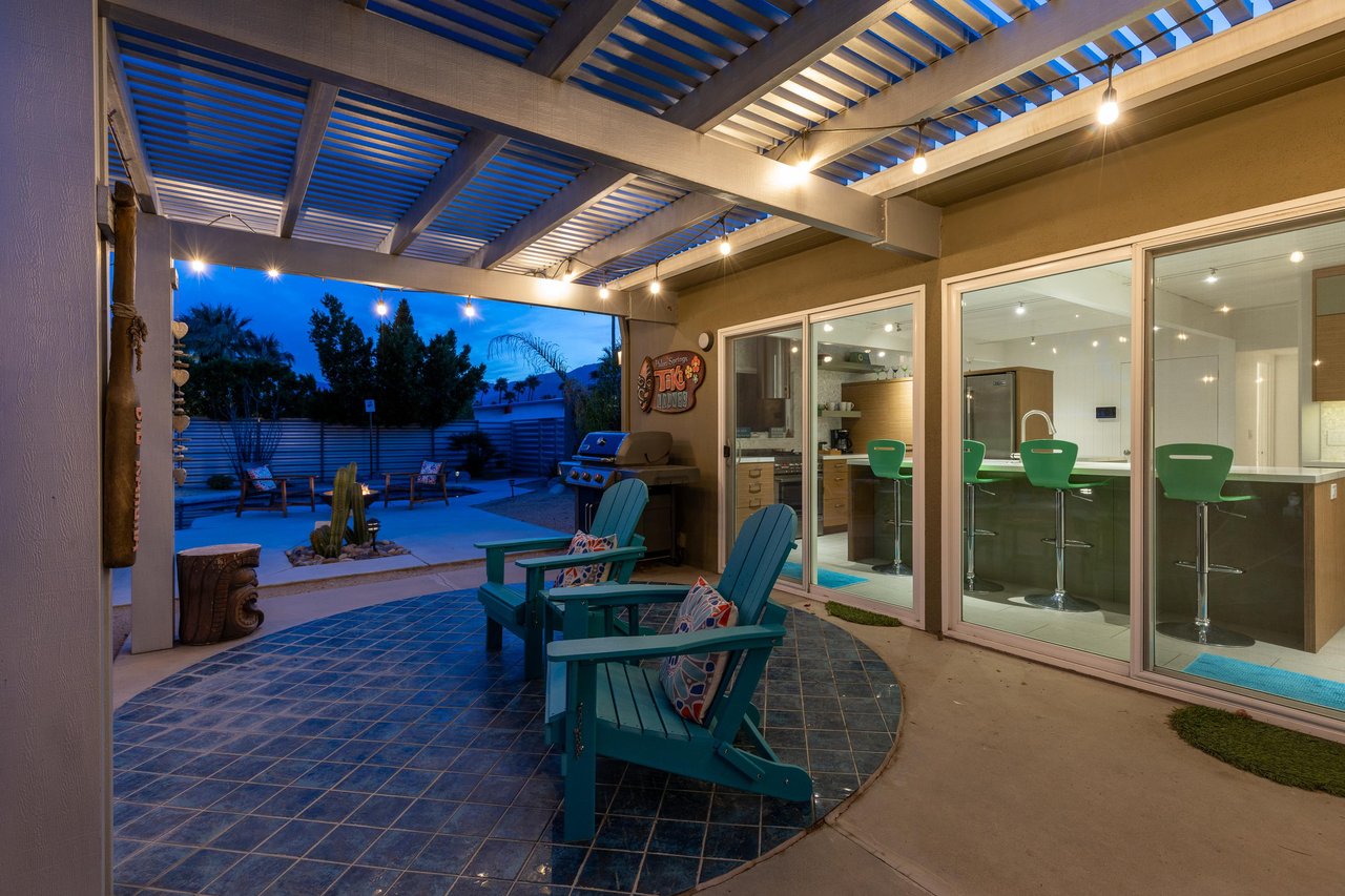 Covered seating areas with amazing outdoor lighting