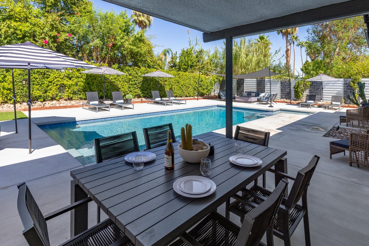 View from the al fresco dining area to the pool