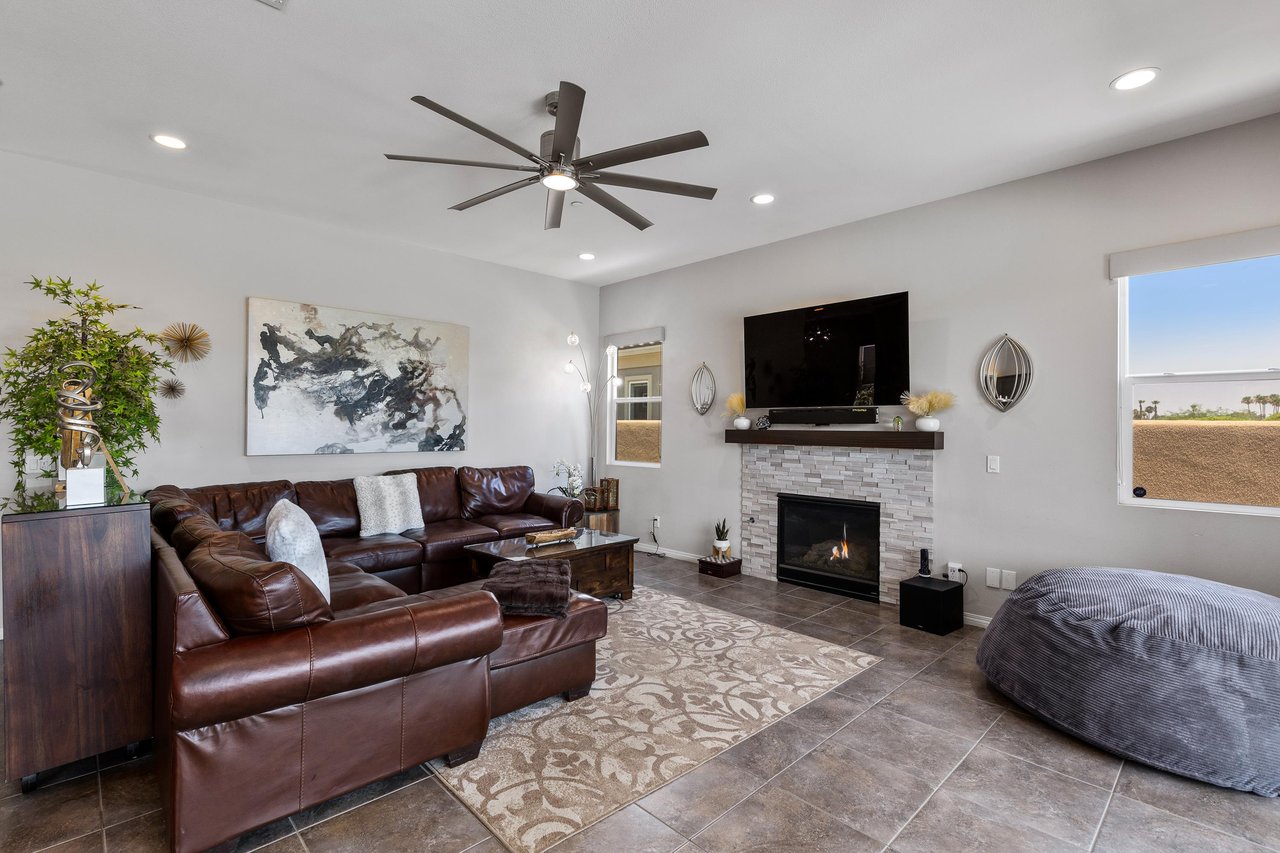 Open concept living room with fireplace