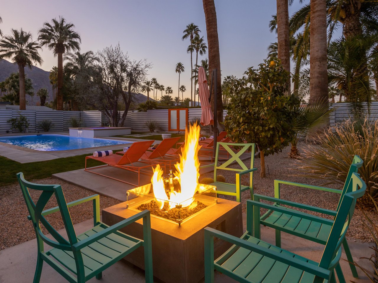 The cozy fire feature is perfect for desert evenings