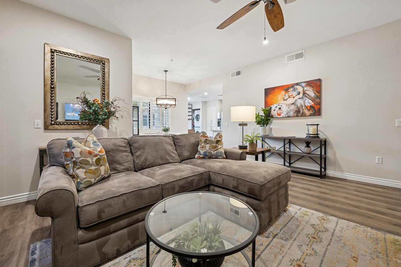 Put you feet up and relax on our cozy sofa.