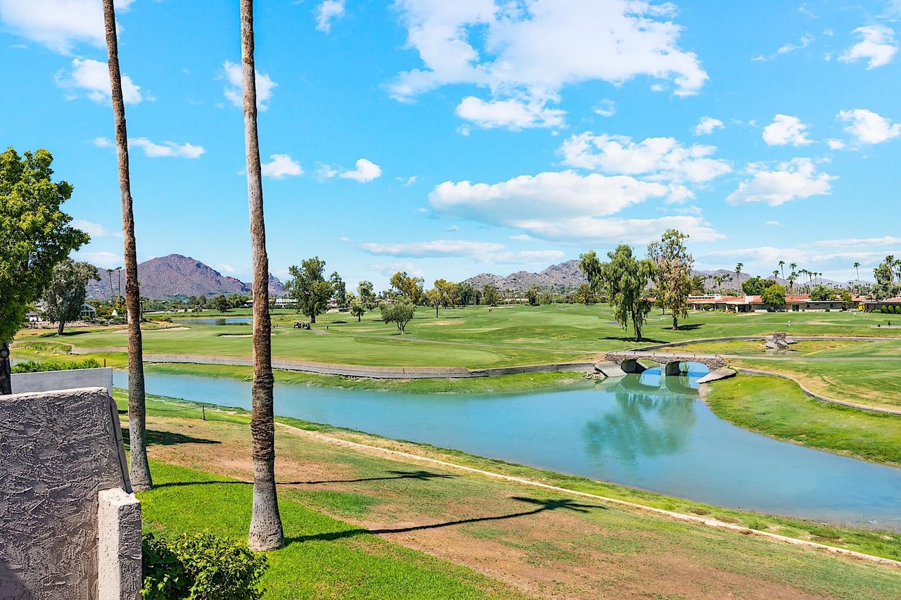 Panoramic views of Camelback Mountain  McCormick Ranch Golf Course from balcony.
