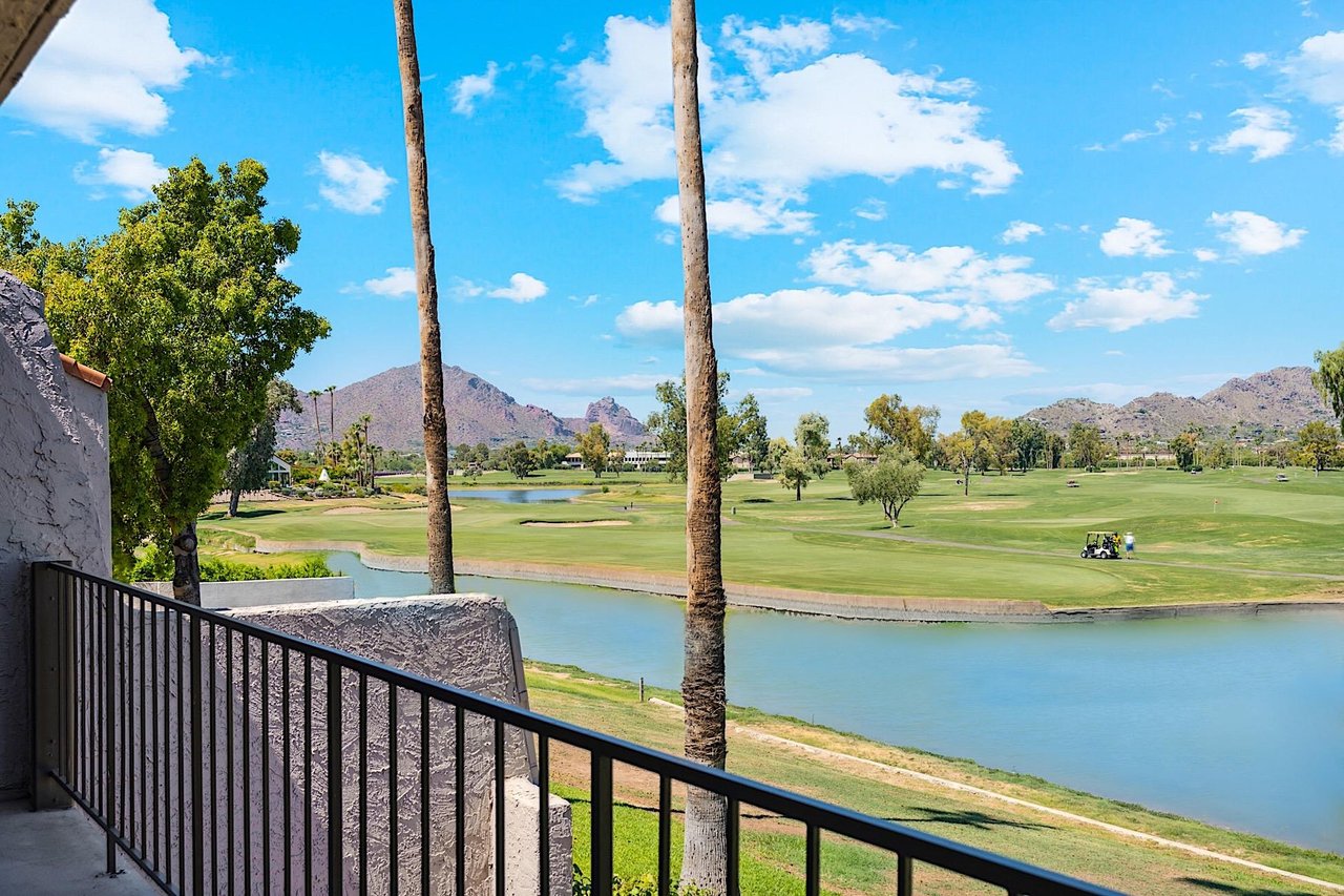Panoramic views of Camelback Mountain  McCormick Ranch Golf Course from balcony.