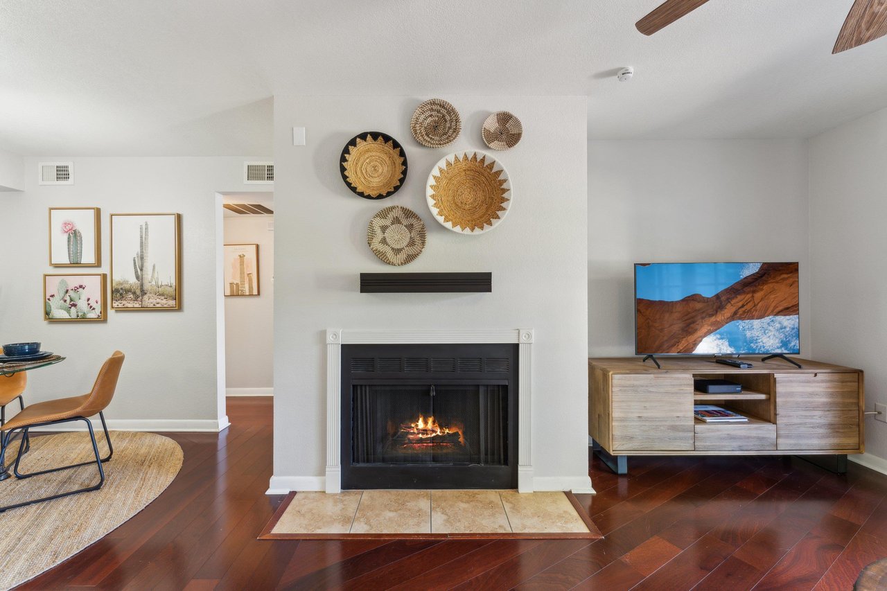 Enjoy the cozy comforts, kick back relax and watch your favorite show on the Smart TV Fireplace is decor only