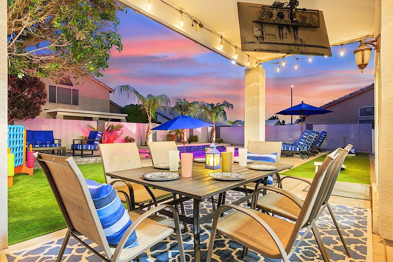 Outdoor Dining Table w Mounted Smart TV