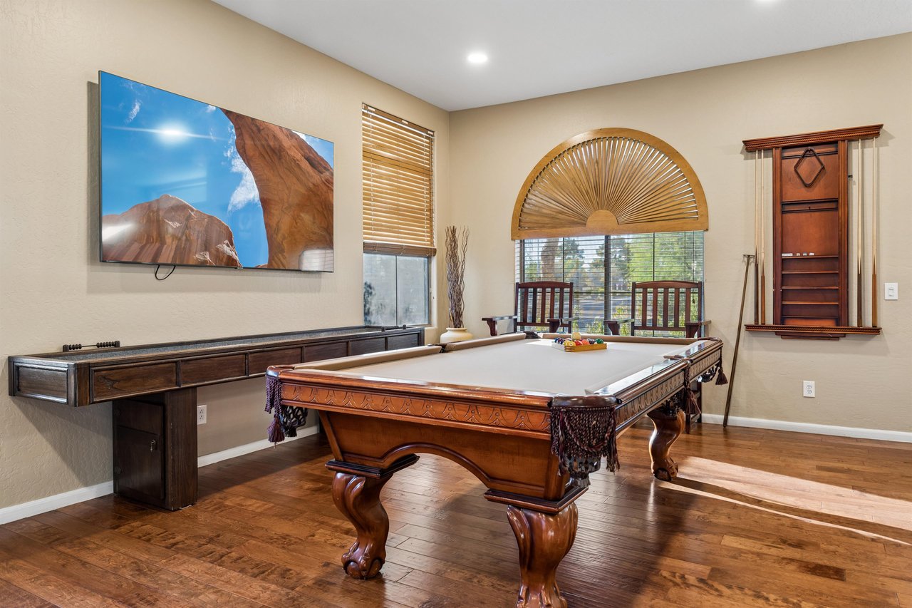 Features a pool table, foosball, and shuffleboard