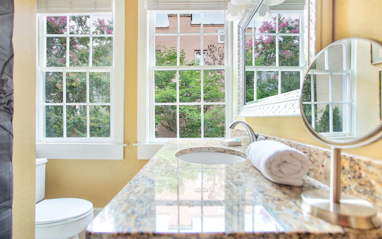 The extra wide vanity is ideal for two guests to share.