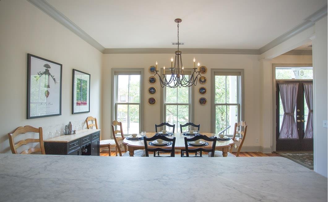View from the kitchen into the dining area.