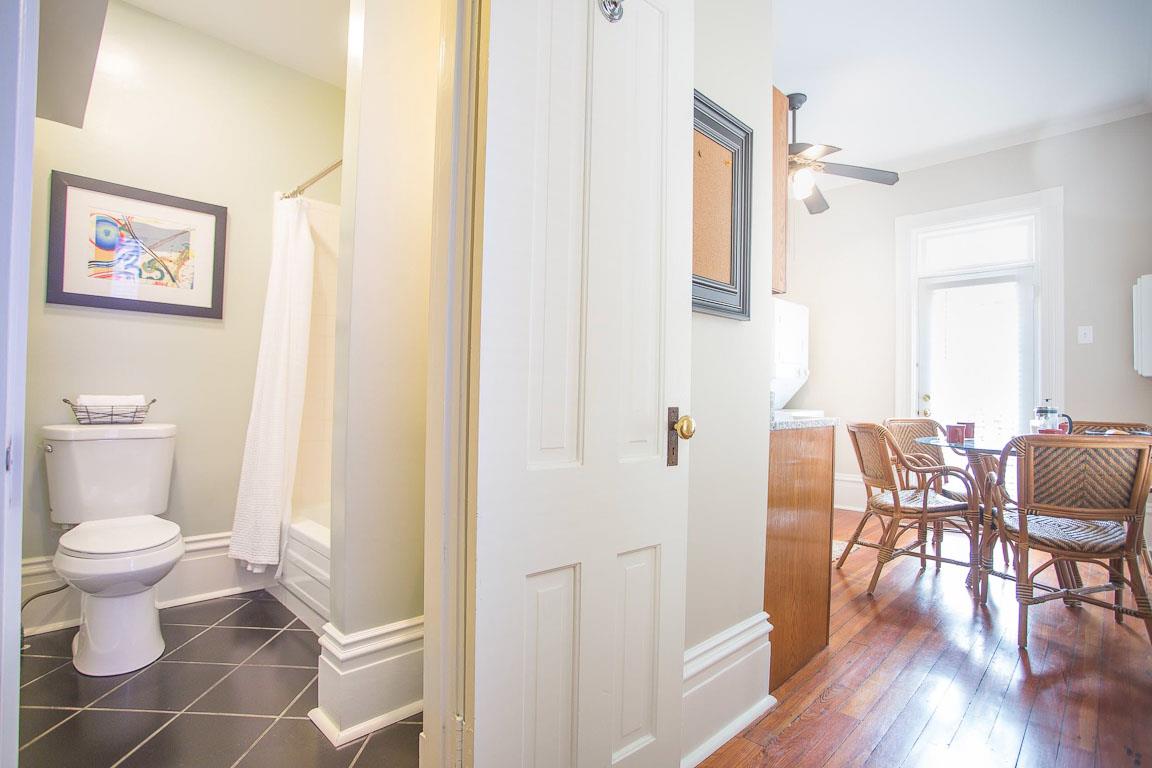 The bathroom is easily accessible to guests using the sleeper sofa.