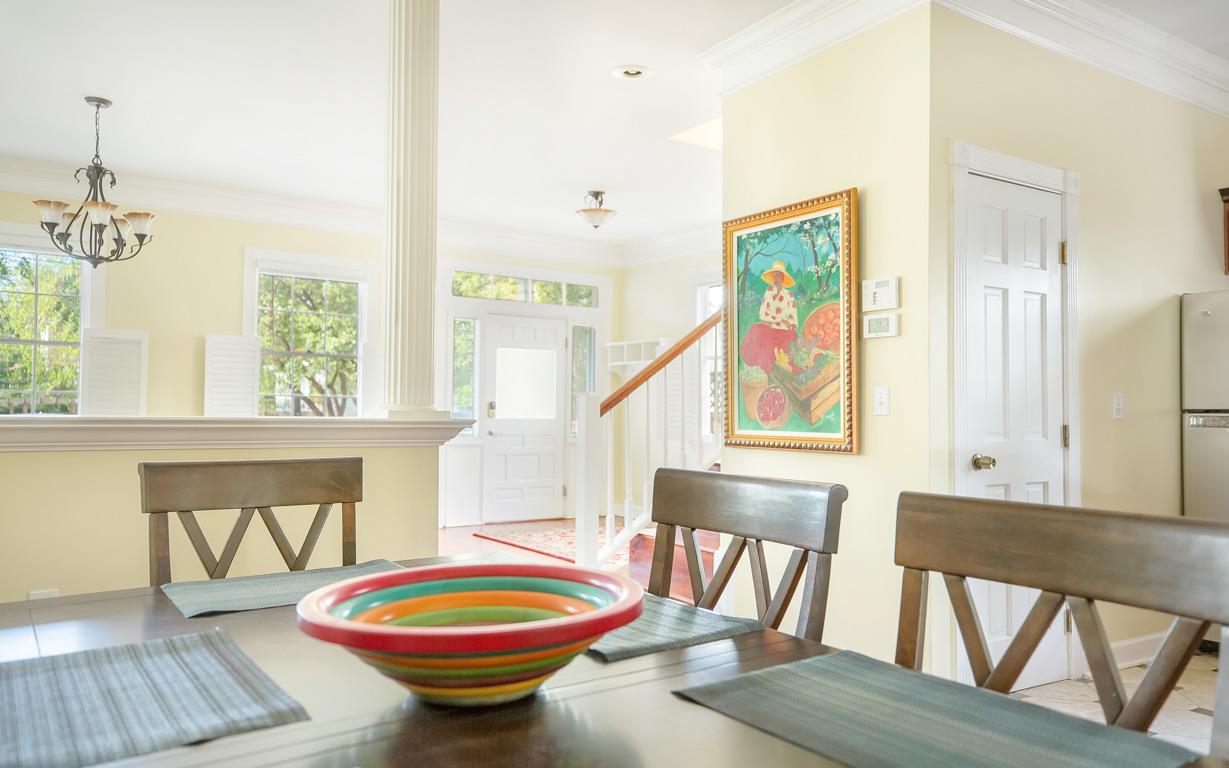 The dining table comfortably sits six.