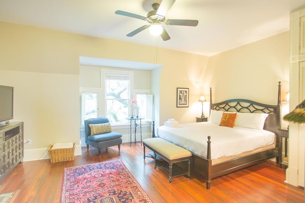 The bedroom has a King size bed.