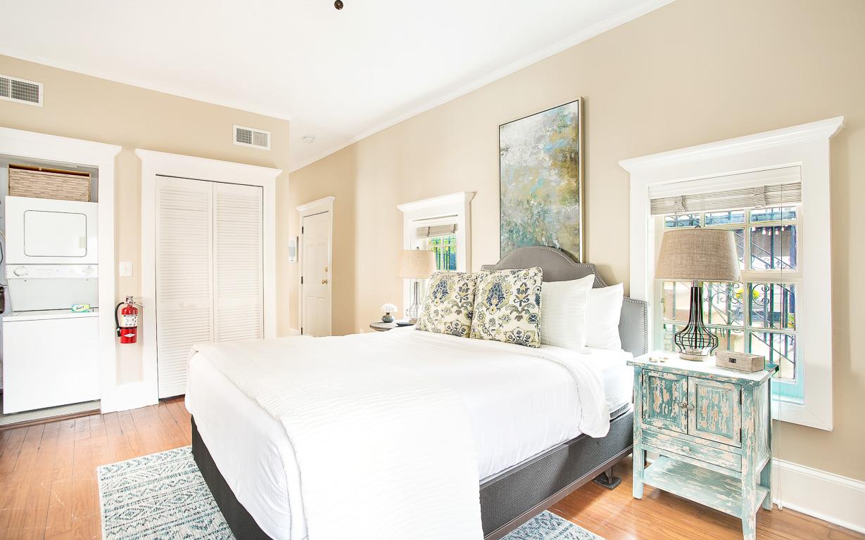 Ample closet space and a washerdryer can be found in the cottage.