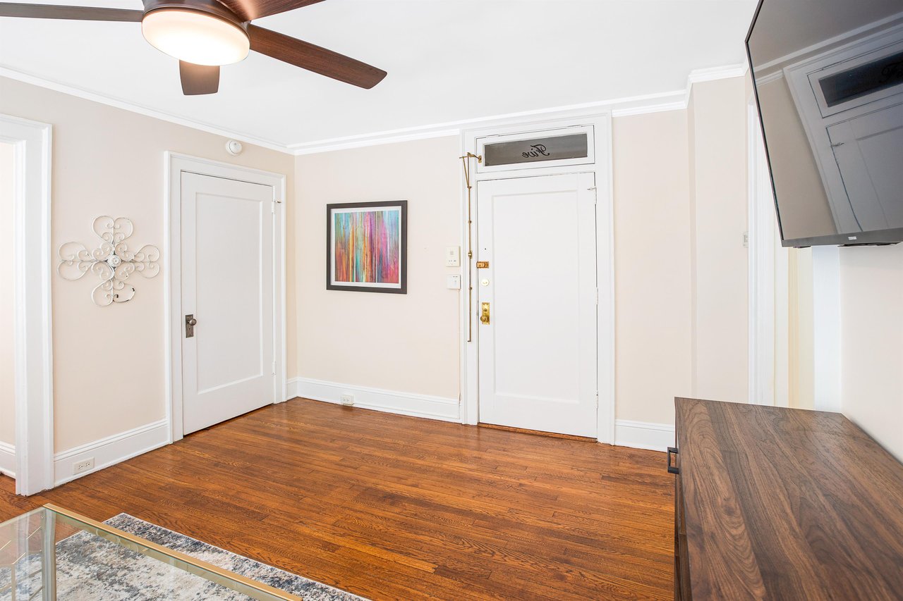 To the left, a large walkin closet is the perfect place for storing belongings.