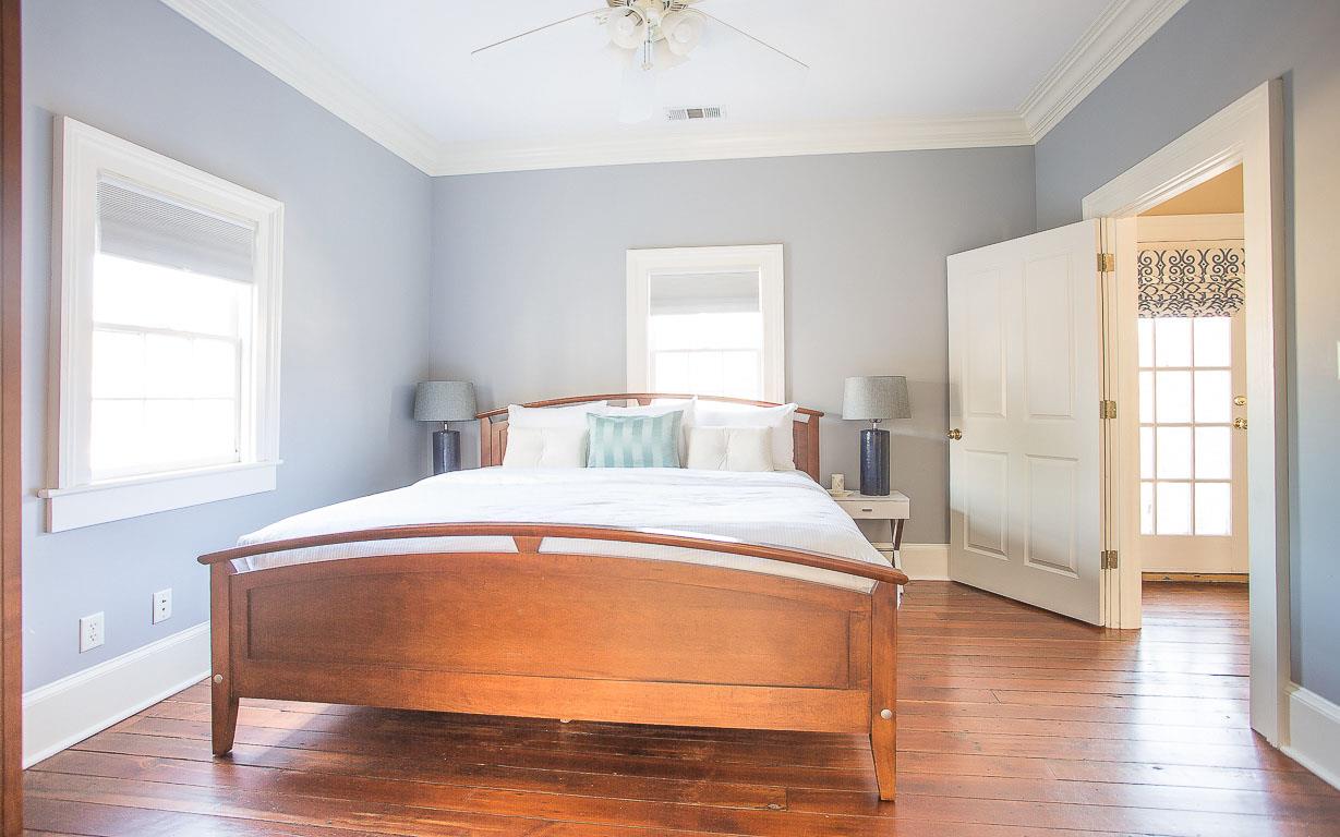 The primary bedroom is also upstairs.