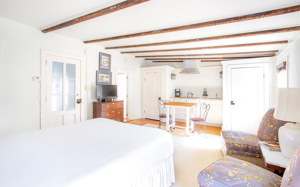 Historic beams accent the space.