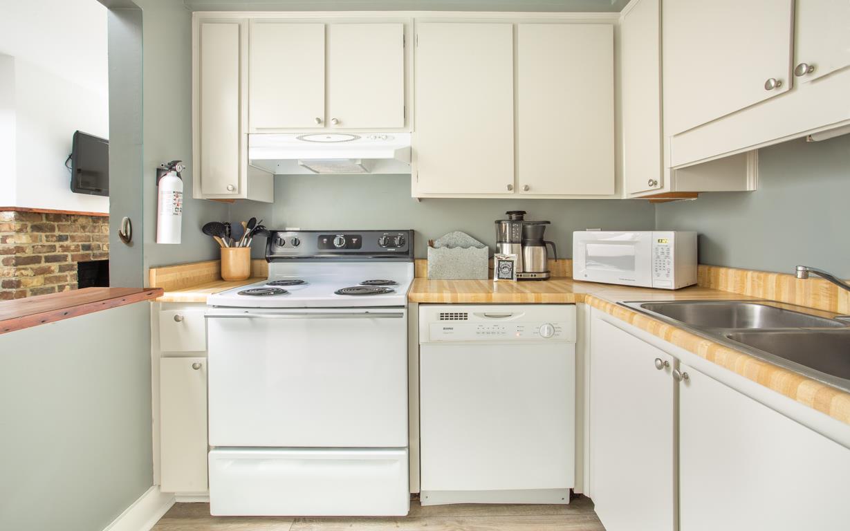 All pots and pans, glasses, and dishware are provided.