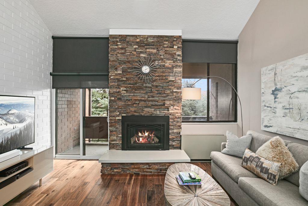 Cozy up next to the fireplace after a day on the mountain