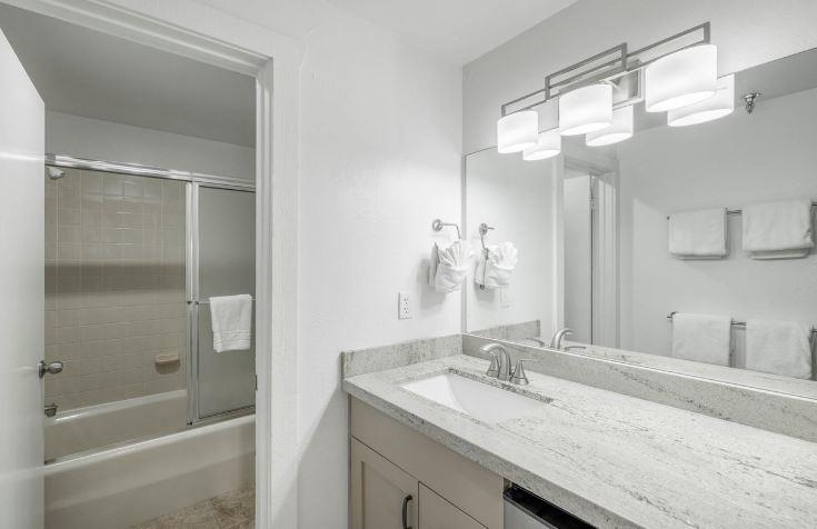 Refresh and recharge in the modern master bathroom at Lodge at Mountain Village 303 — skiinskiout at Park City Resort.