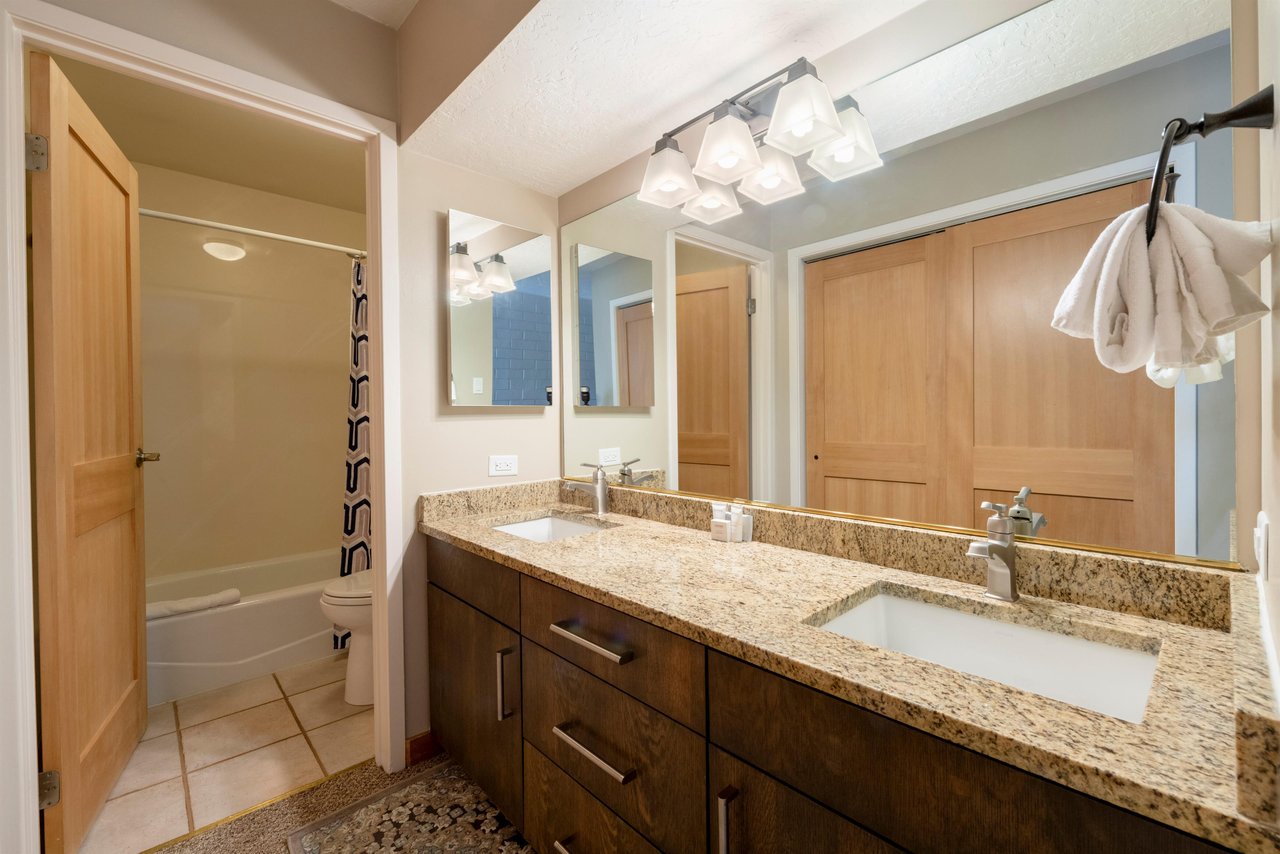 The beautifully appointed bathroom at Park Avenue 256 features a dual vanity with granite countertops, warm wood cabinetry, and a combination tub and shower — delivering the refined finishing touches