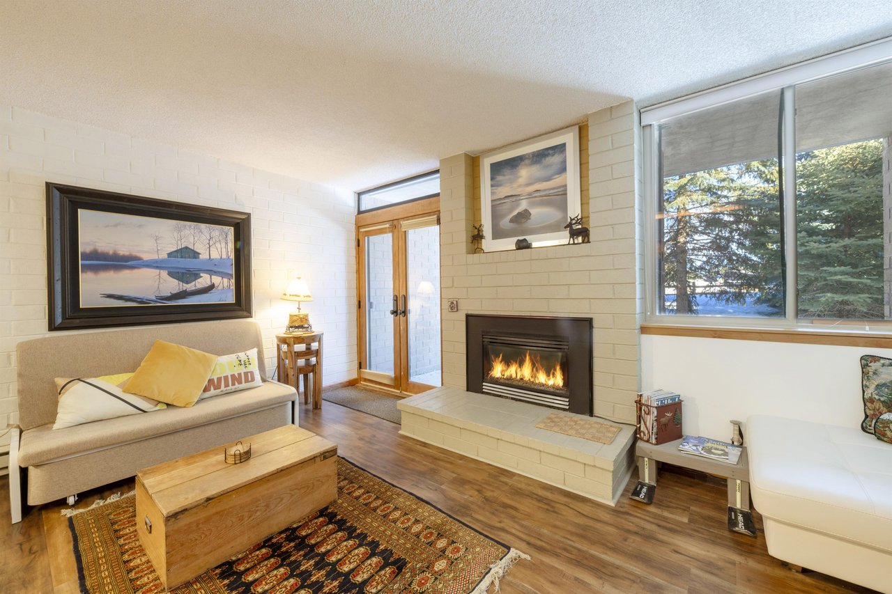 Natural light, hardwood floors, and a glowing fireplace set the tone for a relaxing stay at Park Avenue 297.