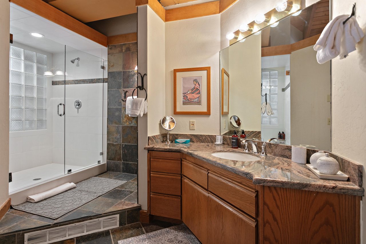 Pamper yourself in the beautifully appointed bathroom at 1296 Pinnacle — a premier Park City vacation rental just steps from the Deer Valley Resort.