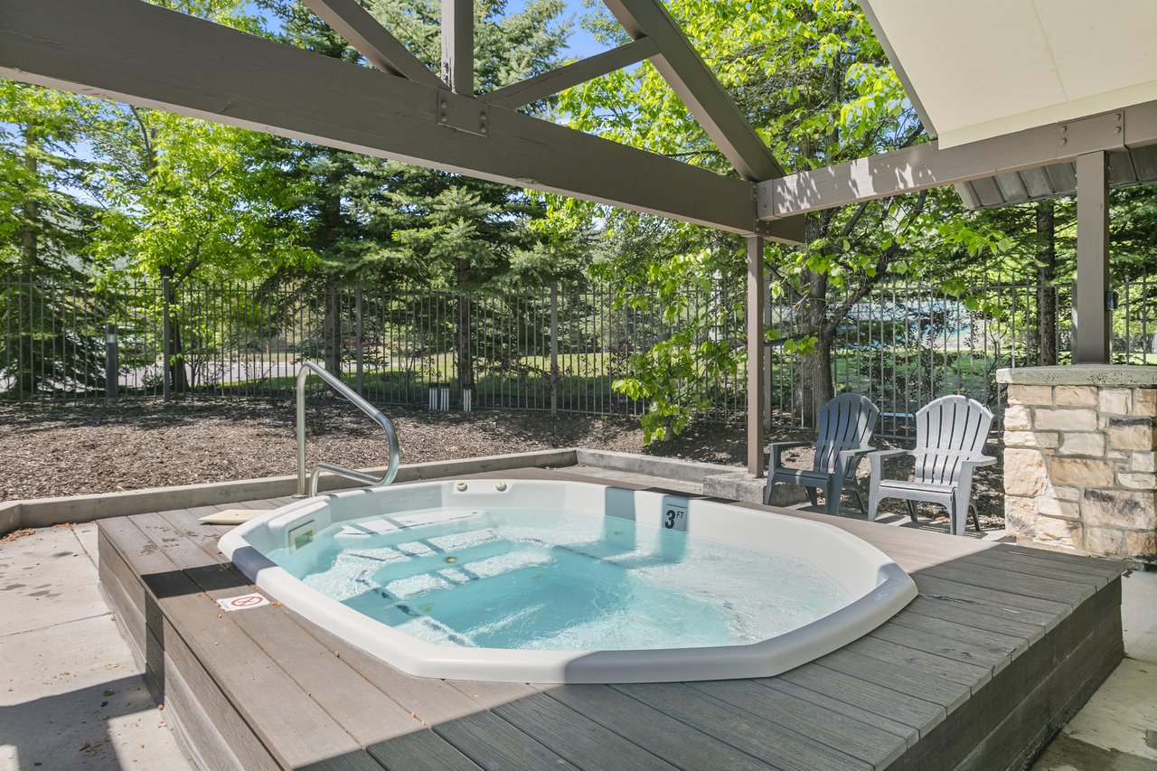 A community hot tub is available for Jupiter Inn guests, shaded by a pergola — a good place to end a day of skiing or hiking in Park City.. Opened Memorial Day through Labor Day and Thanksgiving until