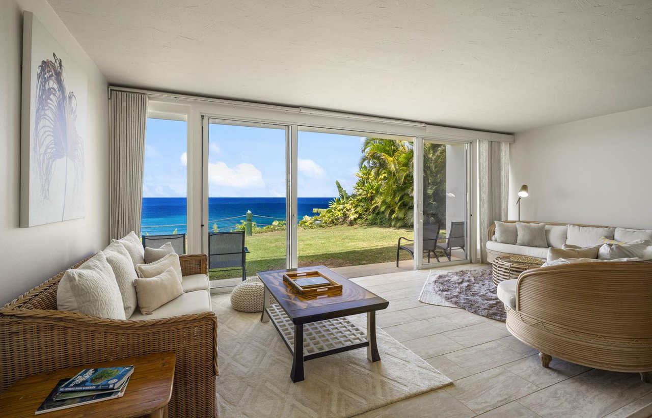 The living room provides magnificent ocean views