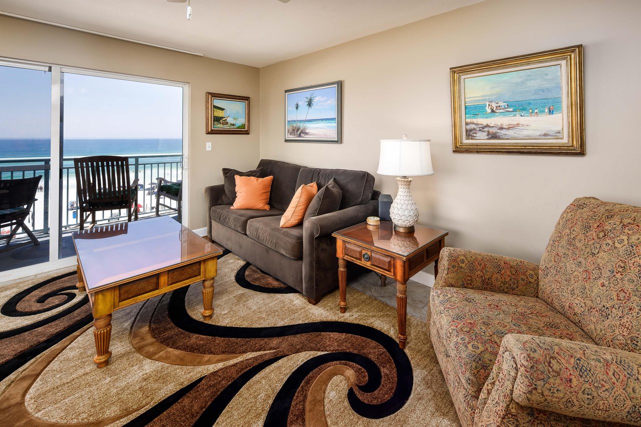 The cozy sofa opens into a queensized sleeper bed that sleeps two guests.