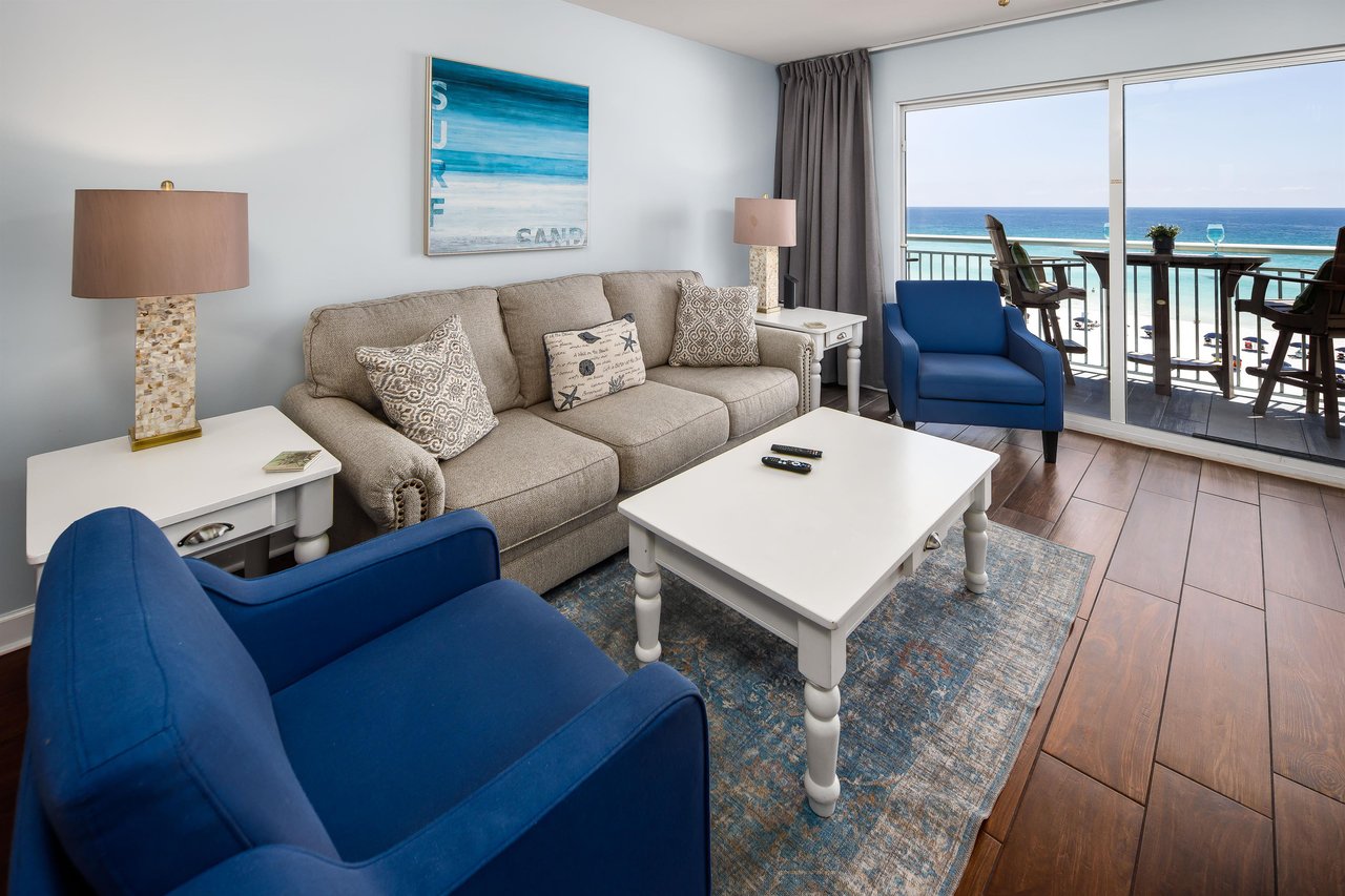 Living Room Ocean views await from this stylish retreat with plush seating and vibrant decor