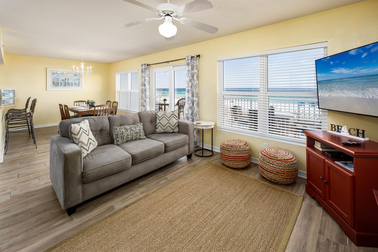 A great gathering place which features a pullout sofa and large flatscreen TV.