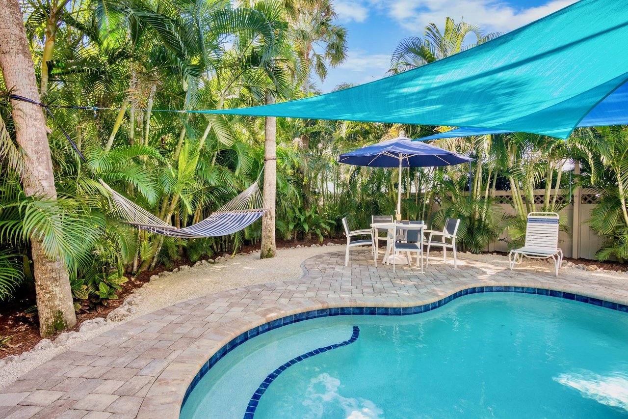 Private Heated Pool, hammock, and shaded dining area