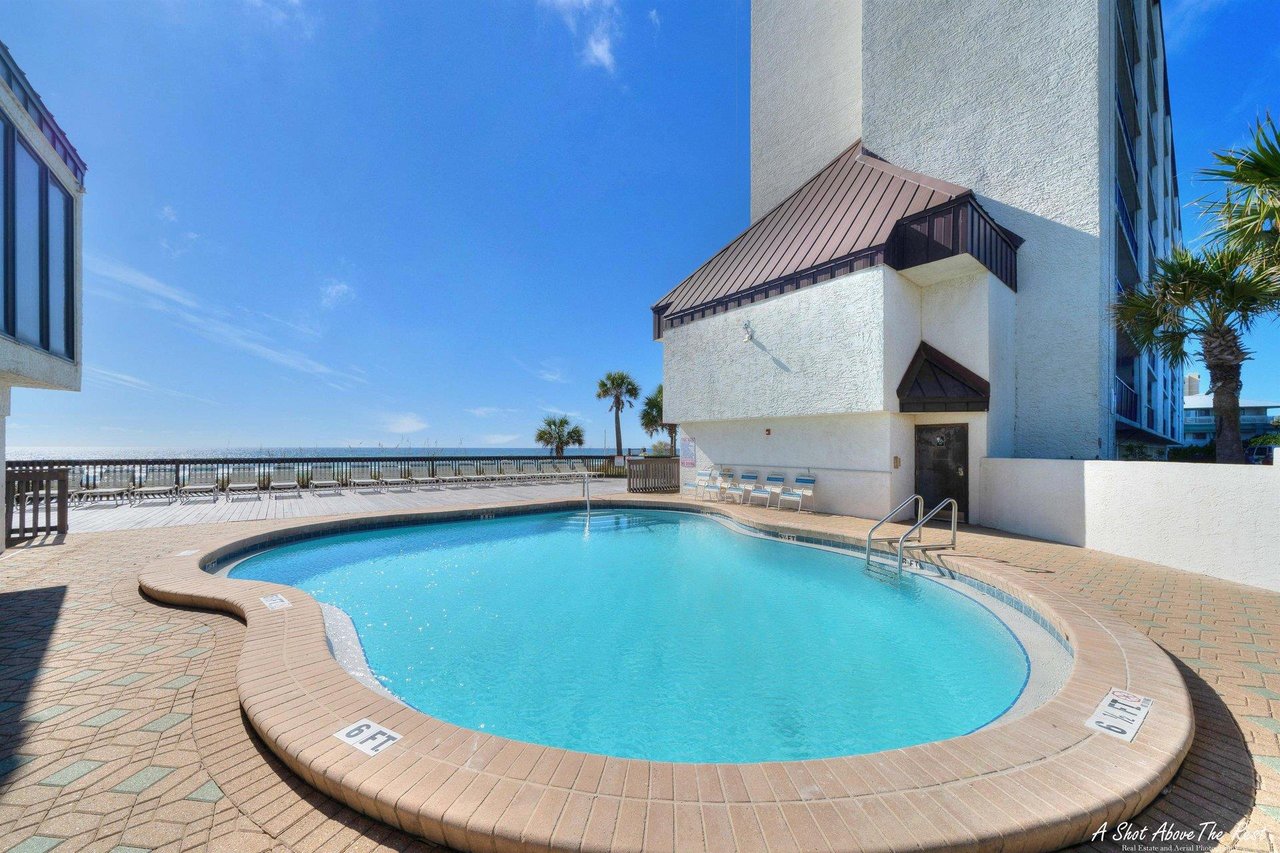 Sparkling gulffront swimming pool at Seachase condos in Panama City Beach, FL