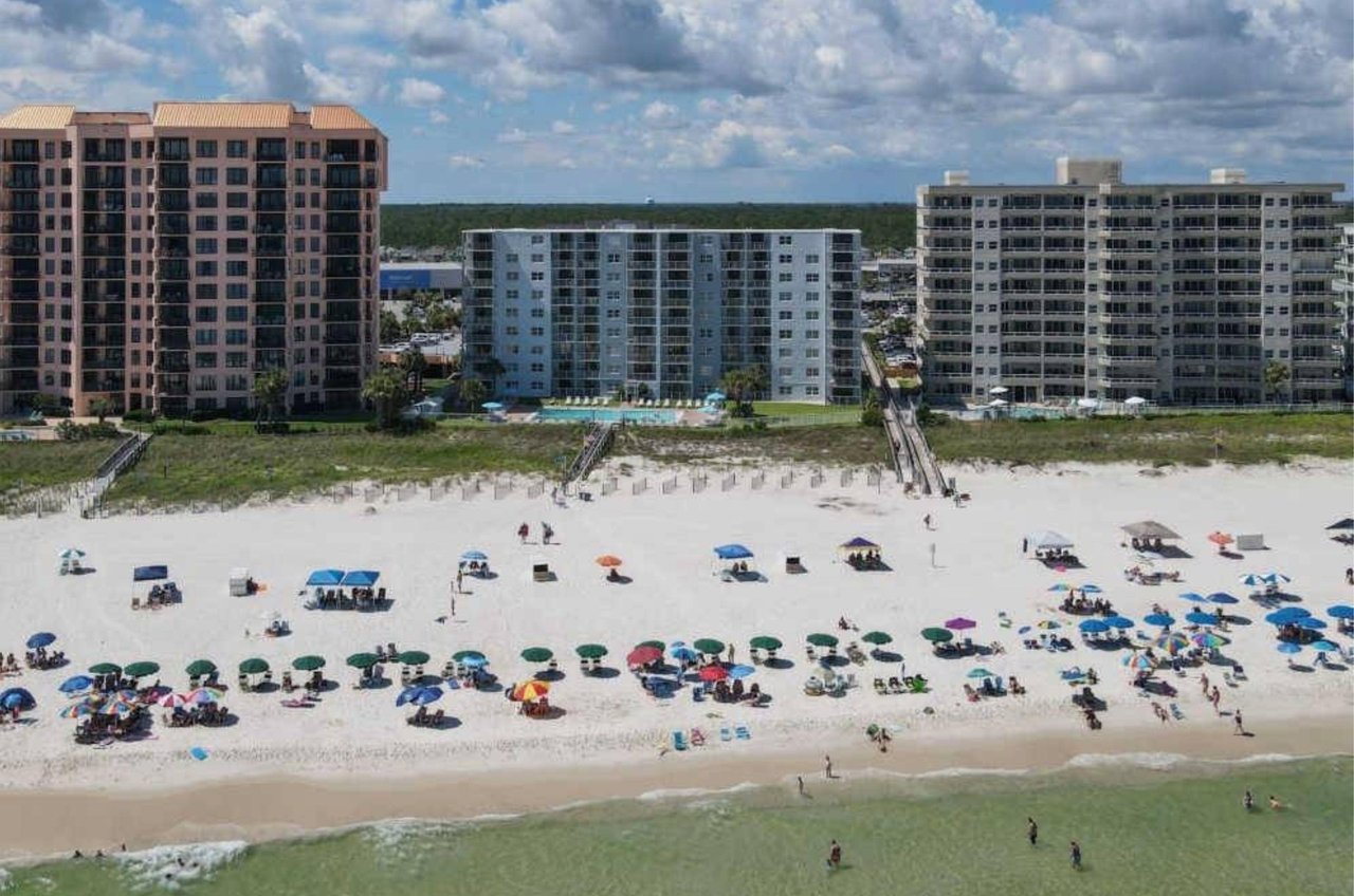 Birds eye view of Sunswept Condominiums and the beach in Orange Beach Alabama