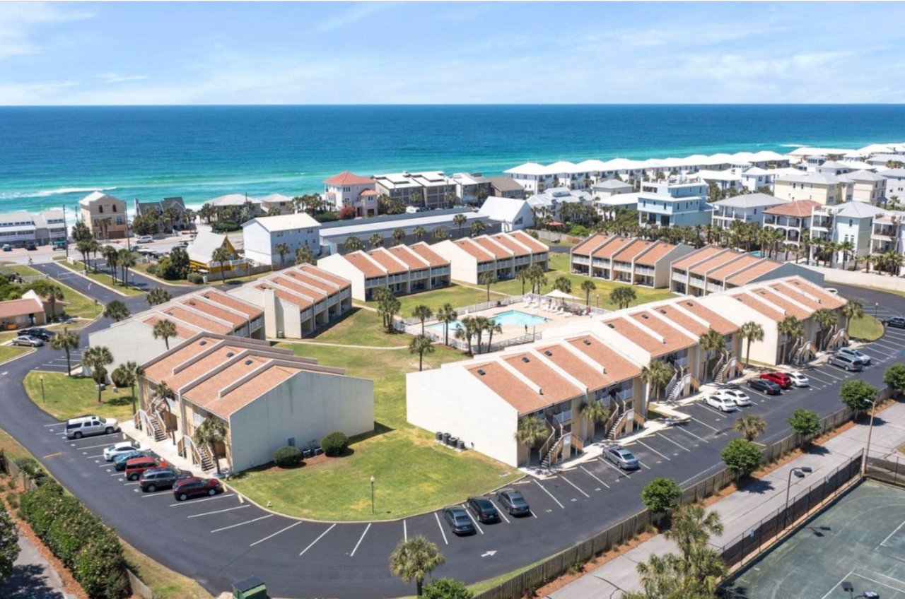 An aerial view of the community including the swimming pool