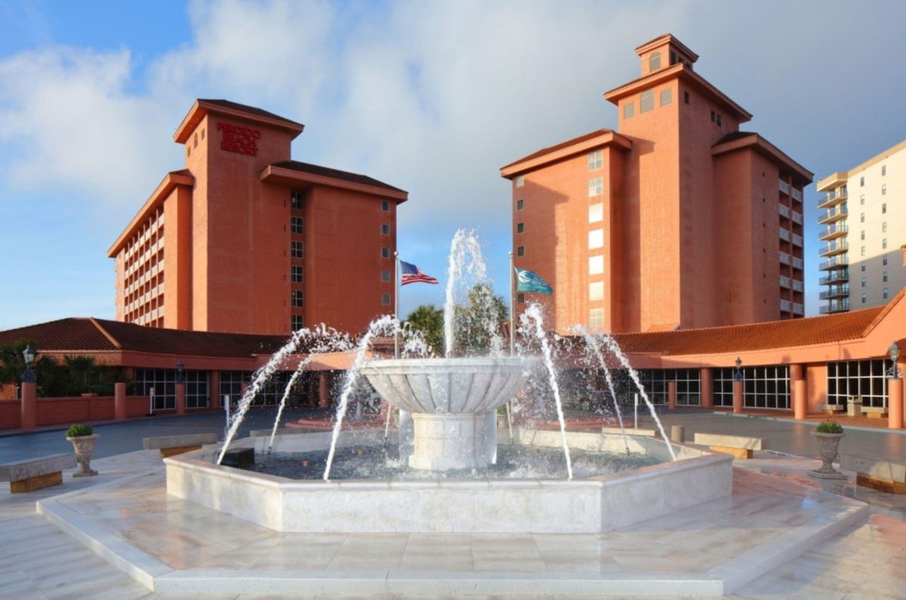 View of the fountain in front of Perdido Beach Resort in Oragne Beach Alabama