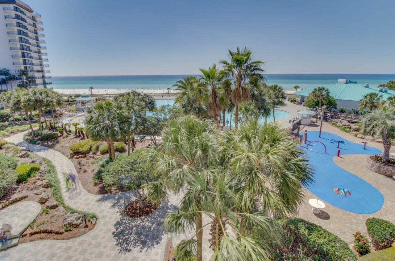 View from a balcony of the outdoor pool at Edgewater Golf and Beach Resort in Panama City Beach Florida