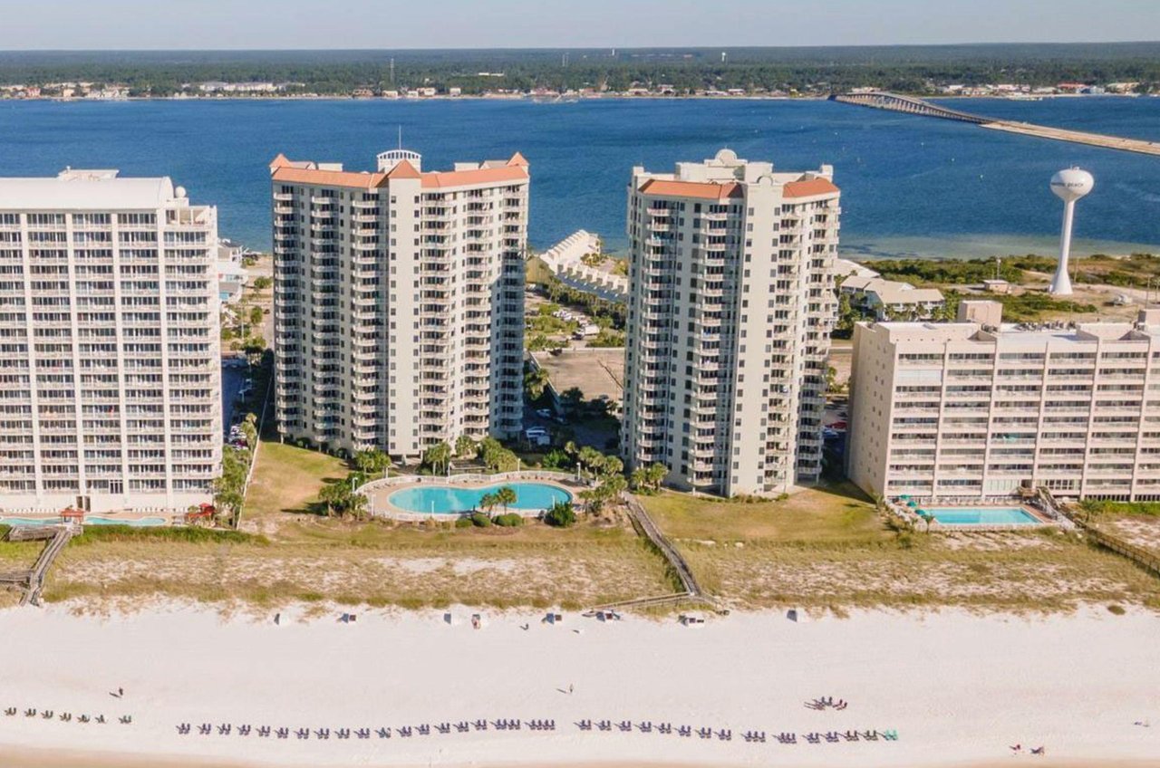 Aerial view of Beach Colony Resort and Navarre Beach in Florida