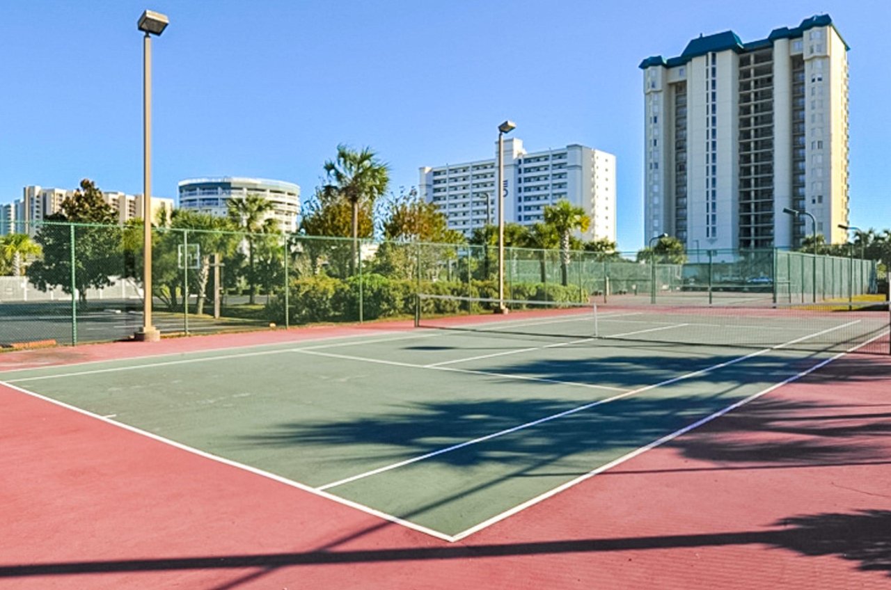 Tennis courts are ready for both daytime play and are lighted for playing after the sun goes down.