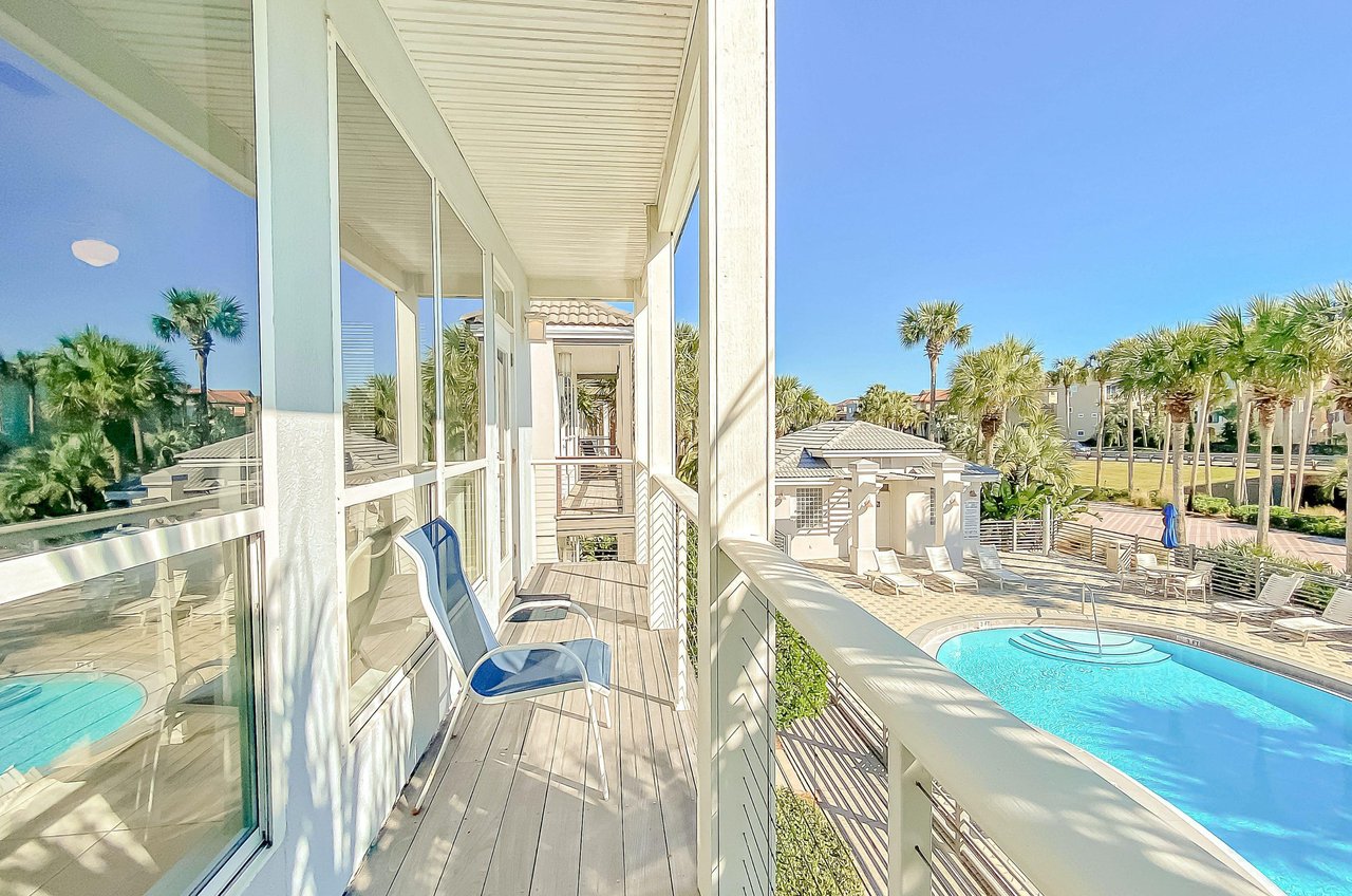 Some villas balconies look out over the community pool.