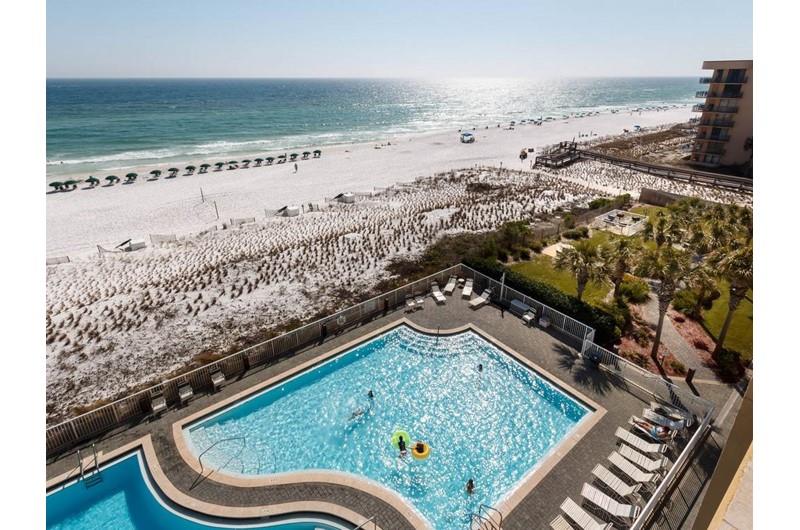 View of the pool and beach from Waters Edge Condos in Fort Walton FL