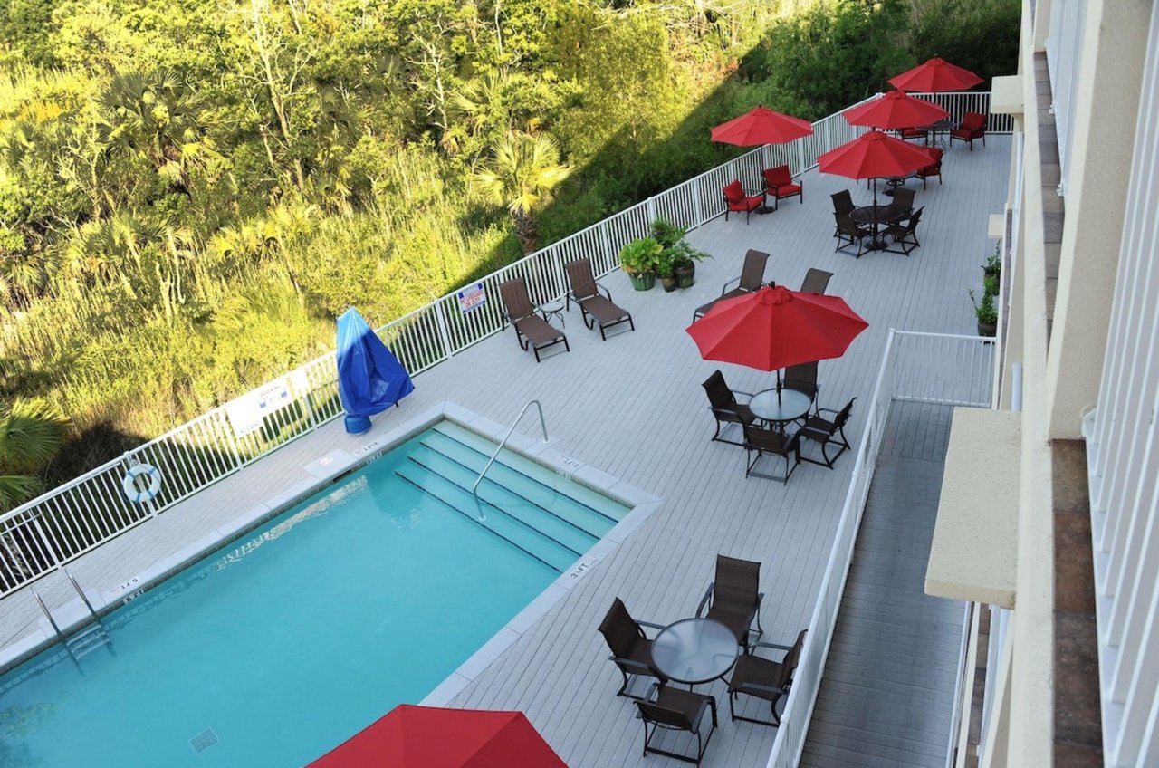 Overhead view of the deck and outdoor pool