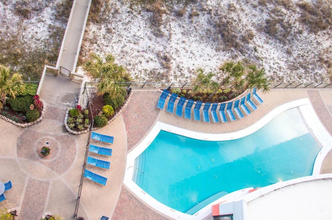 Aerial view of the outdoor pool and pool deck