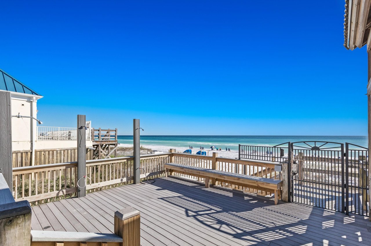 This Emerald Shores deck has shower stations for beachgoers to rinse off the salt and sand before heading to the pool or indoors.