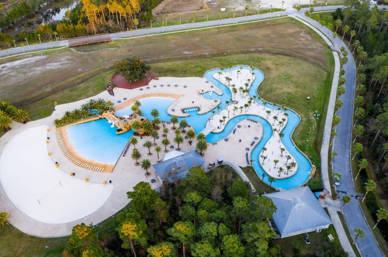 Aerial view of the wave pool and lazy river at the Wharf in Orange Beach Alabama