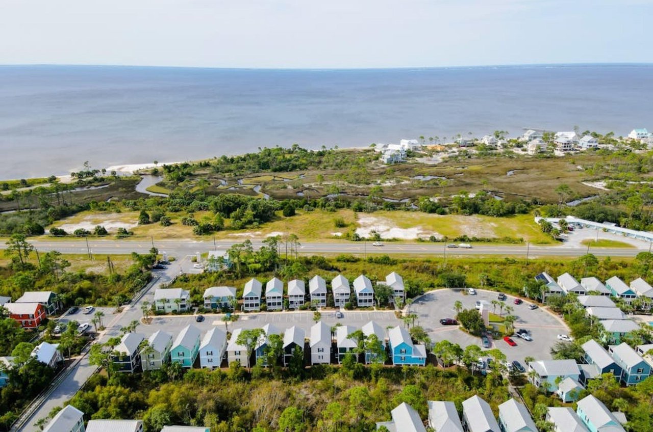Aerial view of rental homes on the coast in Cape San Blas Florida