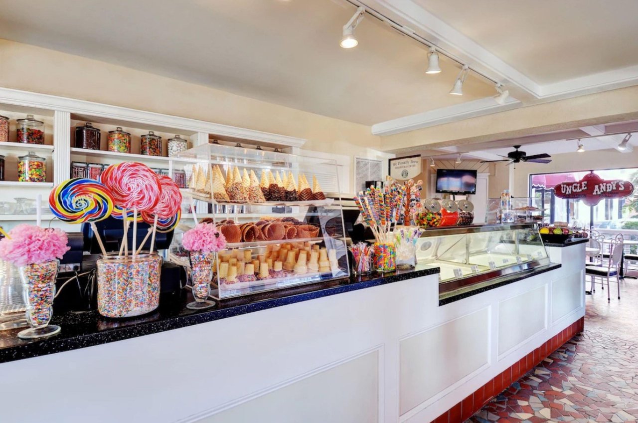 The candyice cream shop offers a colorful array of decadent goodies.