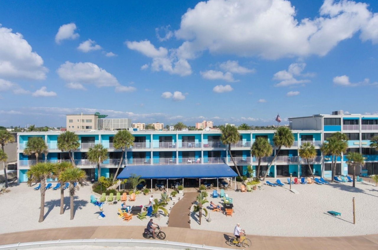 The beachfront exterior of Bilmar Beach and the walkway leading to the Gulf