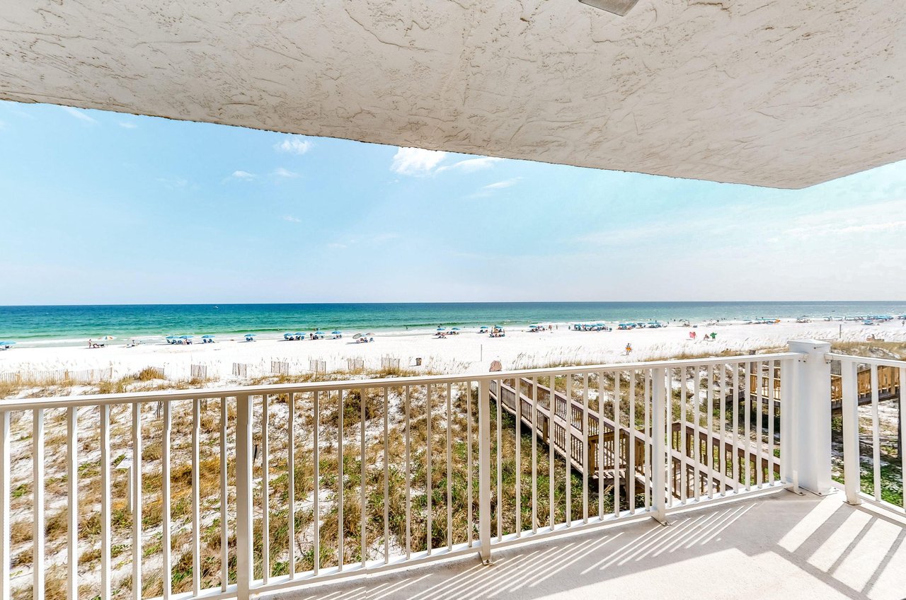 View from a boardwalk leading to the beach.